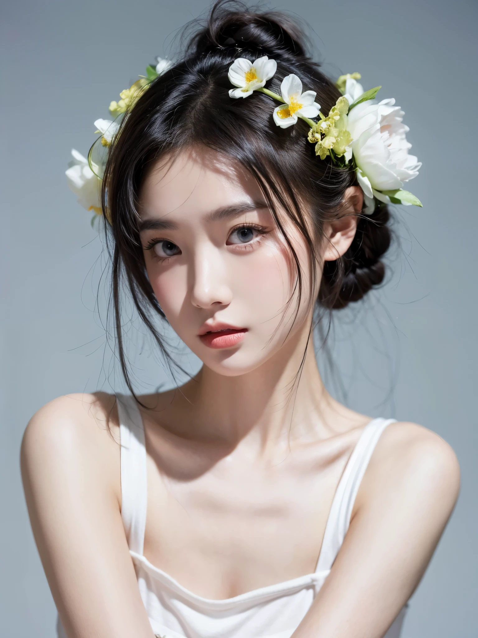 masterpiece,Best picture quality,Extreme details,Ultra-high resolution,Ultra-high definition,Beautiful young people,Glowing skin,thin,Black Hair,Half bun,1,big eyes,beautiful eyes,Lipstick,Exquisite facial features,Medium shot,Looking at the viewer, Tube Top Suspenders,Single tone background,White background,Soft light,Wear flowers on your head