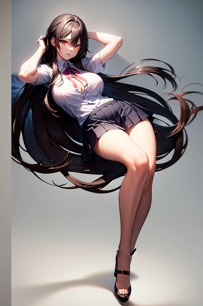 ((masterpiece, best_quality)), 1girl, (photorealistic:1.4), solo, white_background, black_hair, long_hair, zettai_ryouiki, skirt, ((full_body)),