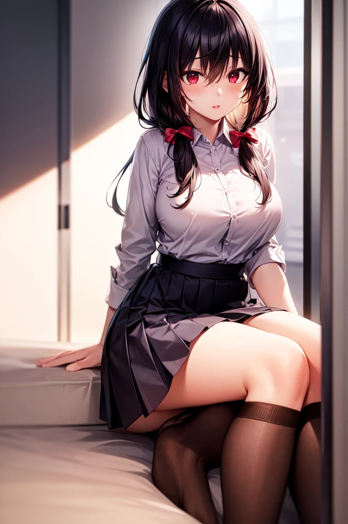 8K, drawn, masterpiece, high quality, highres, best quality, highres, 1girl, disheveled hair, illustration, focus on face, simple background, long hair, stockings, black hair, hair between eyes, calm, long bangs, long tied hair, ribbon in hair, crimson red eyes, large breasts, very long hair, breasts, perfect face, perfect legs, pleated skirt, full lips, add_detail:-1