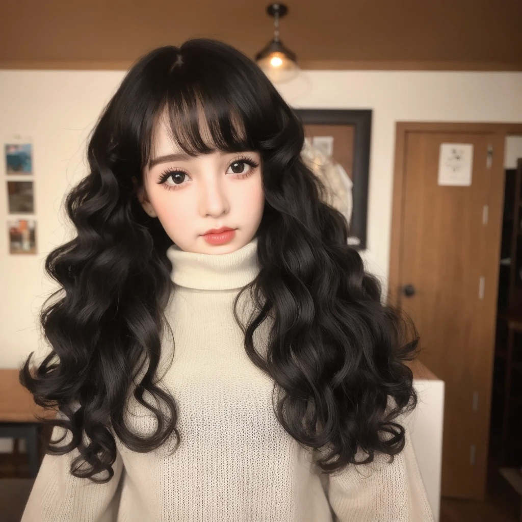 a close up of a doll with a curly hair and a sweater, curly black hair | d & d, short curly black haired girl, curly black, black curly hair, long fluffy curly black hair, long fluffy black curly hair, pale skin curly black hair, curly black hair, very very curly black hair, black curly hair, messy curly hair, curly black hair