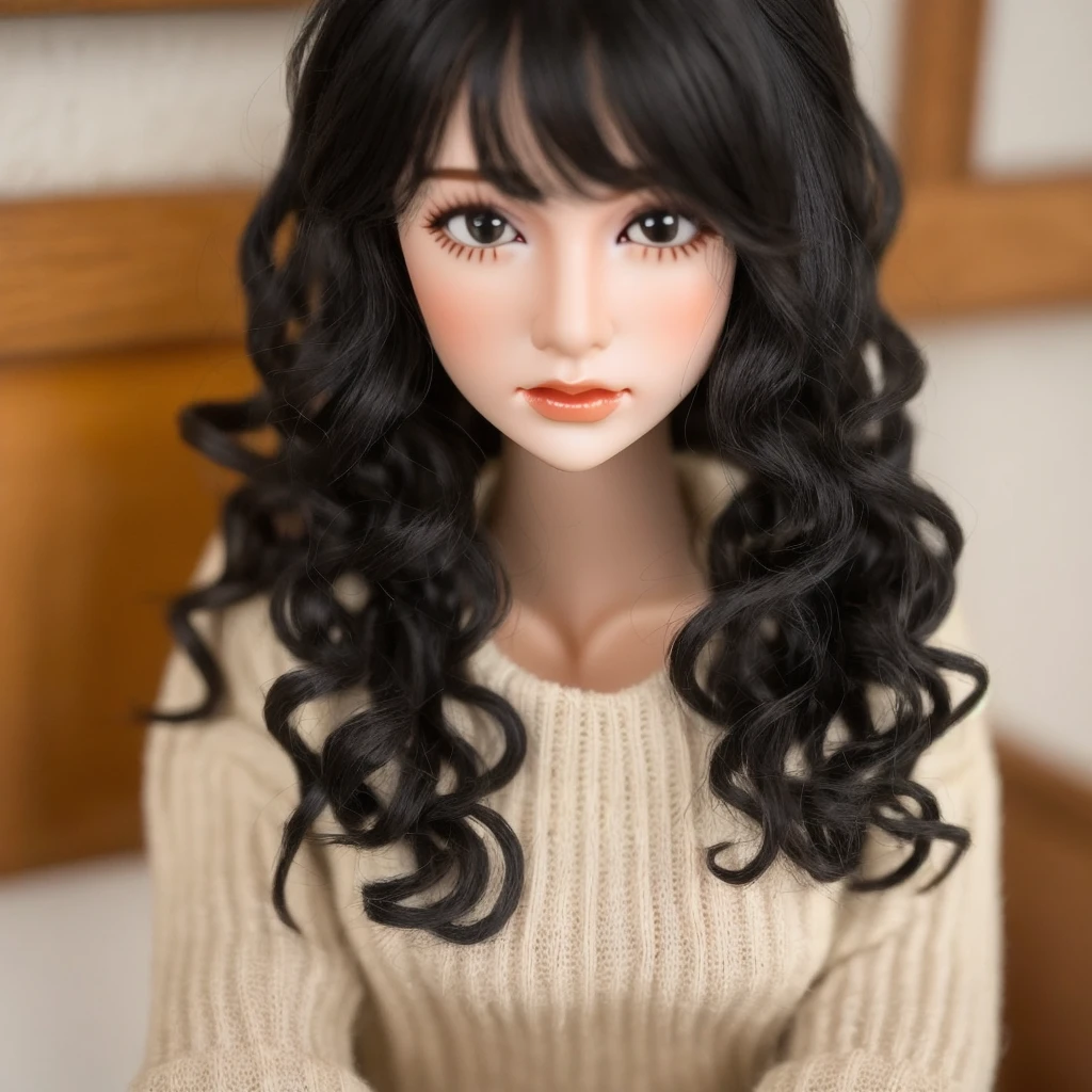 a close up of a doll with a curly hair and a sweater, curly black hair | d & d, short curly black haired girl, curly black, black curly hair, long fluffy curly black hair, long fluffy black curly hair, pale skin curly black hair, curly black hair, very very curly black hair, black curly hair, messy curly hair, curly black hair