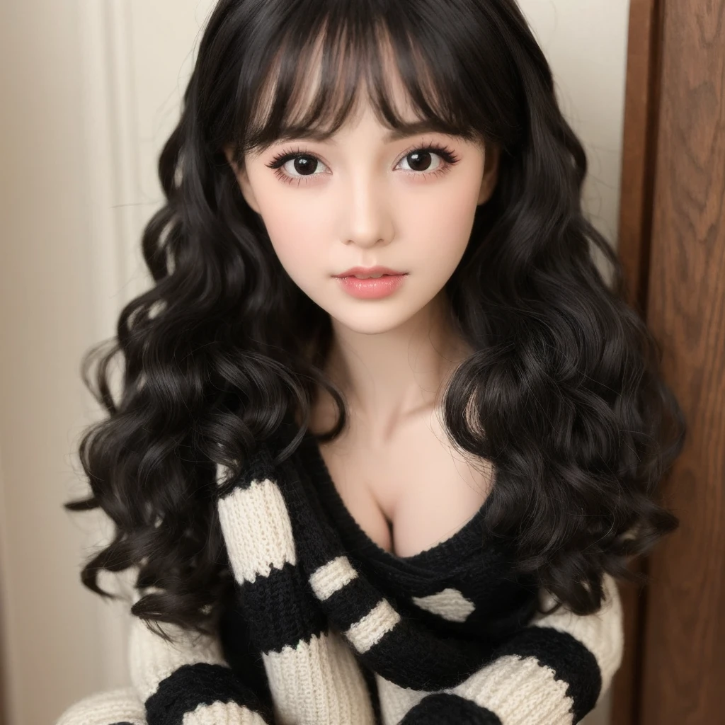 a close up of a doll with a curly hair and a sweater, curly black hair | d & d, short curly black haired girl, curly black, black curly hair, long fluffy curly black hair, long fluffy black curly hair, pale skin curly black hair, curly black hair, very very curly black hair, black curly hair, messy curly hair, curly black hair