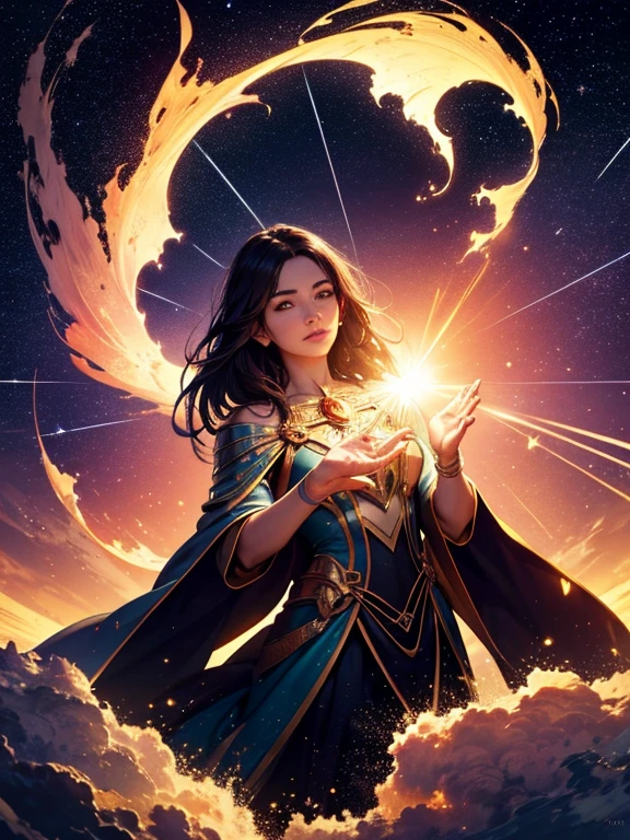 "a cosmic being" Landscape of the world and in the sky a series of constellations and magical entities, magic, stars, outside, eclipse, Light in the center coming from a burst of light, Sea with waves and sunset, Magnificent and beautiful dramatic scene, 8k, magnificent, A human raising his hand casting a spell on the universe in the center of the image as if drawing energy from the universe, magic, magic light explosion