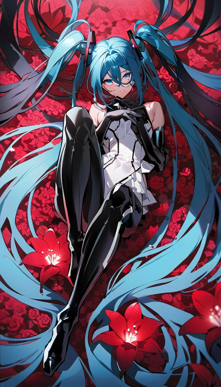 masterpiece, Highest quality, One girl, alone, Long Hair, hatsune miku, Twin tails, very Long Hair, bodysuit, Blue Hair, gloves, whole body, blue eyes, floating, View your viewers, hair ornaments, No sleeve, black gloves, Multicolored Hair, Facial blemishes, No sleeve ドレス, flower, Part your lips, absurdly Long Hair, elbow gloves, White Dress, Hair between the eyes, 