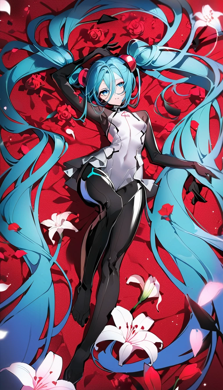 masterpiece, Highest quality, One girl, alone, Long Hair, hatsune miku, Twin tails, very Long Hair, bodysuit, Blue Hair, gloves, whole body, blue eyes, floating, View your viewers, hair ornaments, No sleeve, black gloves, Multicolored Hair, Facial blemishes, No sleeve ドレス, flower, Part your lips, absurdly Long Hair, elbow gloves, White Dress, Hair between the eyes, 