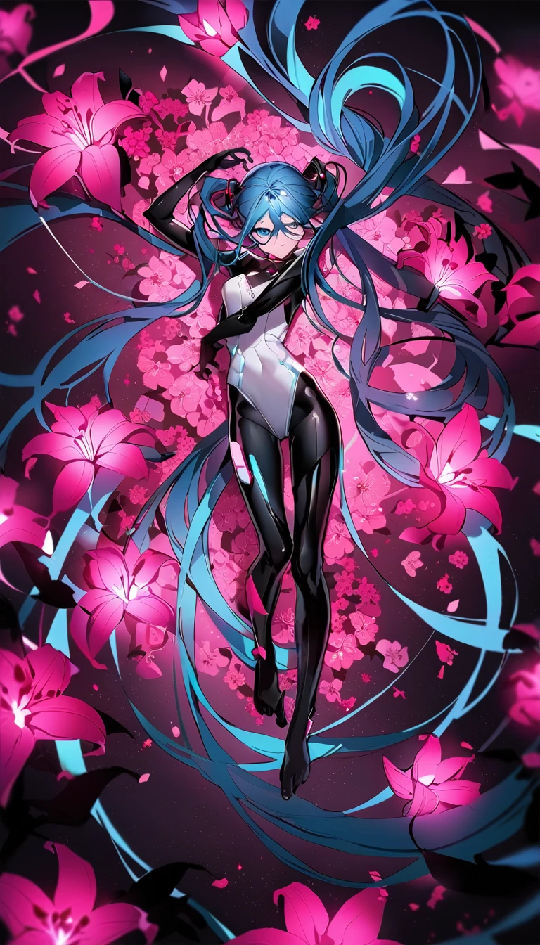 masterpiece, Highest quality, One girl, alone, Long Hair, hatsune miku, Twin tails, very Long Hair, bodysuit, Blue Hair, gloves, whole body, blue eyes, floating, View your viewers, hair ornaments, No sleeve, black gloves, Multicolored Hair, Facial blemishes, No sleeve ドレス, flower, Part your lips, absurdly Long Hair, elbow gloves, White Dress, Hair between the eyes, 