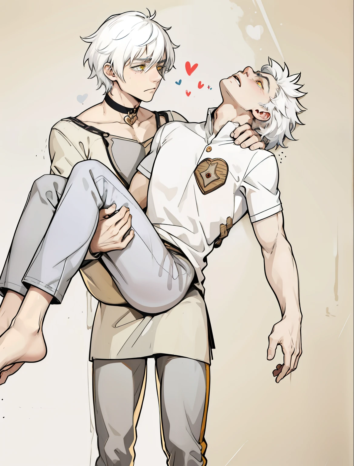 He has white hair, he has tears on his face, he is sad, he has yellow eyes, the other boy has his eyes closed because he is dead, his heart has been ripped out, he is dead, they are in a castle room.