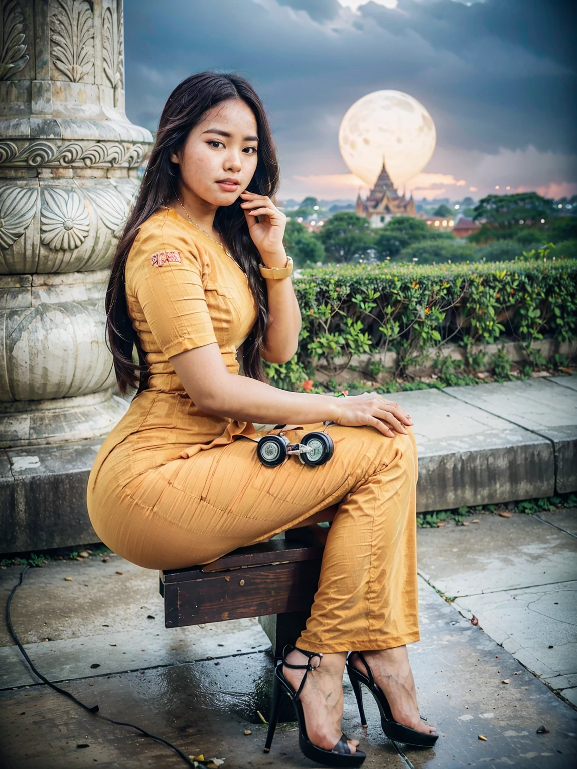 Create full body 3D image realistic photo of a beautiful girls, (pretty lady MoonLay:1.5), in Myanmar outfit dress and high heel, farming in the background seance Bagan Pagoda in myanmar, cinematic enhance HDR portrait glow lighting, smooth face, perfect ???????, cannon mark v, DSLR quality, perfect ???????