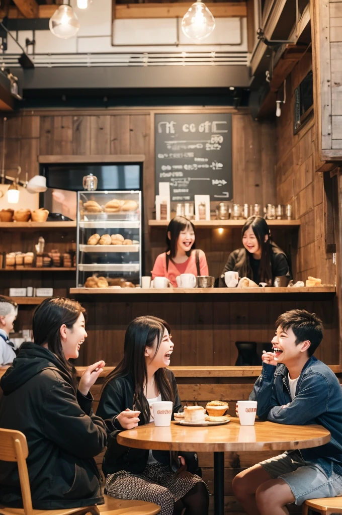 プロンプト: A group of young people laughing and chatting in a trendy cafe, enjoying coffee and pastries. High resolution, 9:16 aspect ratio, warm and inviting atmosphere.