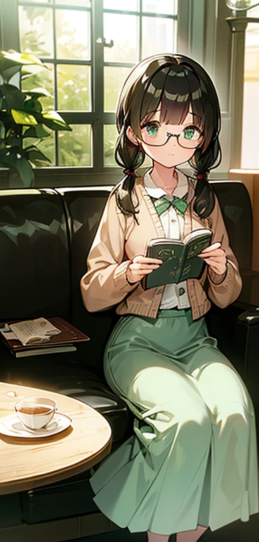 A girl with a kind face。Round Glasses。Short white hair in twin tails。Green Eyes。knit cardigan。Green long skirt。A cafe with an antique atmosphere。Sit down and read a book。