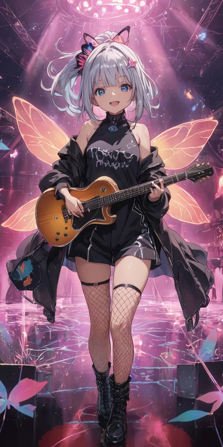 (score_9, score_8_up, score_7_up), BREAK source_anime, 1girl, solo, rirei \(fairy chord\), rirei \(fairy wings\), rirei \(hair ornament\), rirei \(rock clothes\), ponytail, smile, open mouth, black shirt, black jacket, open jacket, bare shoulders, fishnets, boots, holding, holding instrument, guitar, looking at viewer, standing, full body, stage, neon trim,