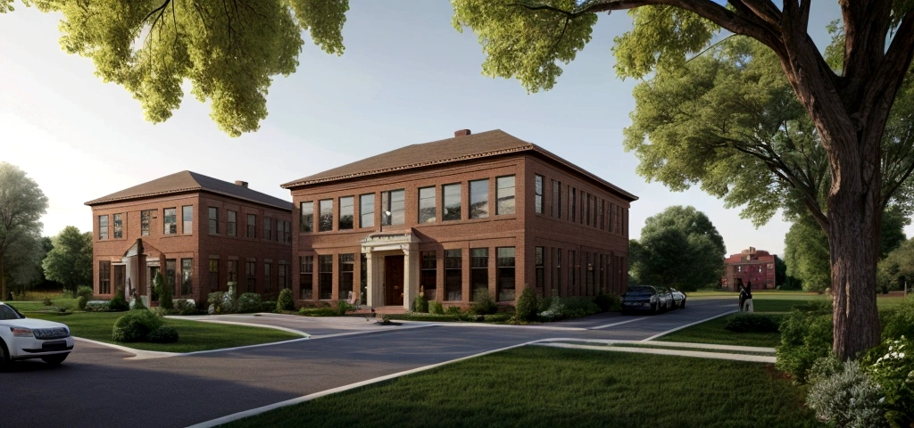 Convert a SketchUp-style sketch of a traditional American building into a realistic style. The building features brick walls with a precast stone base that matches the brick color. The architectural style reflects classic American design, with the lower half of the building using precast stone material slightly darker than the upper brick walls. Ensure realistic lighting, shadows, and textures to enhance the overall realism of the scene.