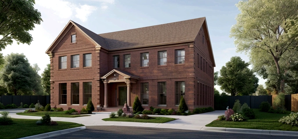 Convert a SketchUp-style sketch of a traditional American building into a realistic style. The building features brick walls with a precast stone base that matches the brick color. The architectural style reflects classic American design, with the lower half of the building using precast stone material slightly darker than the upper brick walls. Ensure realistic lighting, shadows, and textures to enhance the overall realism of the scene.
