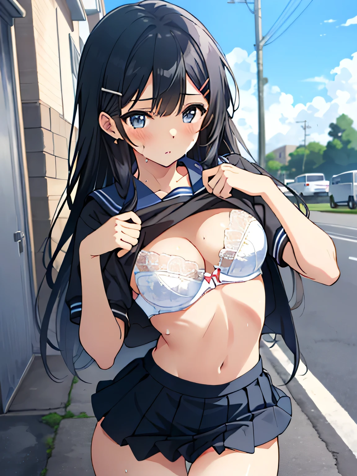 (masterpiece, extremely detailed 8k CG, japanese kawaii anime style, sharp focus), one beautiful and cute young girl, (serafuku, high school uniform:1.5), (shirt lift, show off white erotic lace provocative bra:1.5), navy blue frilled medium skirt:1.5, stand, from front:1.5, (Smooth skin, sweat:1.4), colorful, looking at viewer, dark blown long hair, dark blue eyes, dynamic light and shadow, depth of field, (medium breast, pointy breast:1.3), (Small ass, thin thighs, slim:1.2), outdoor, sky, stand:1.2, hairclip,