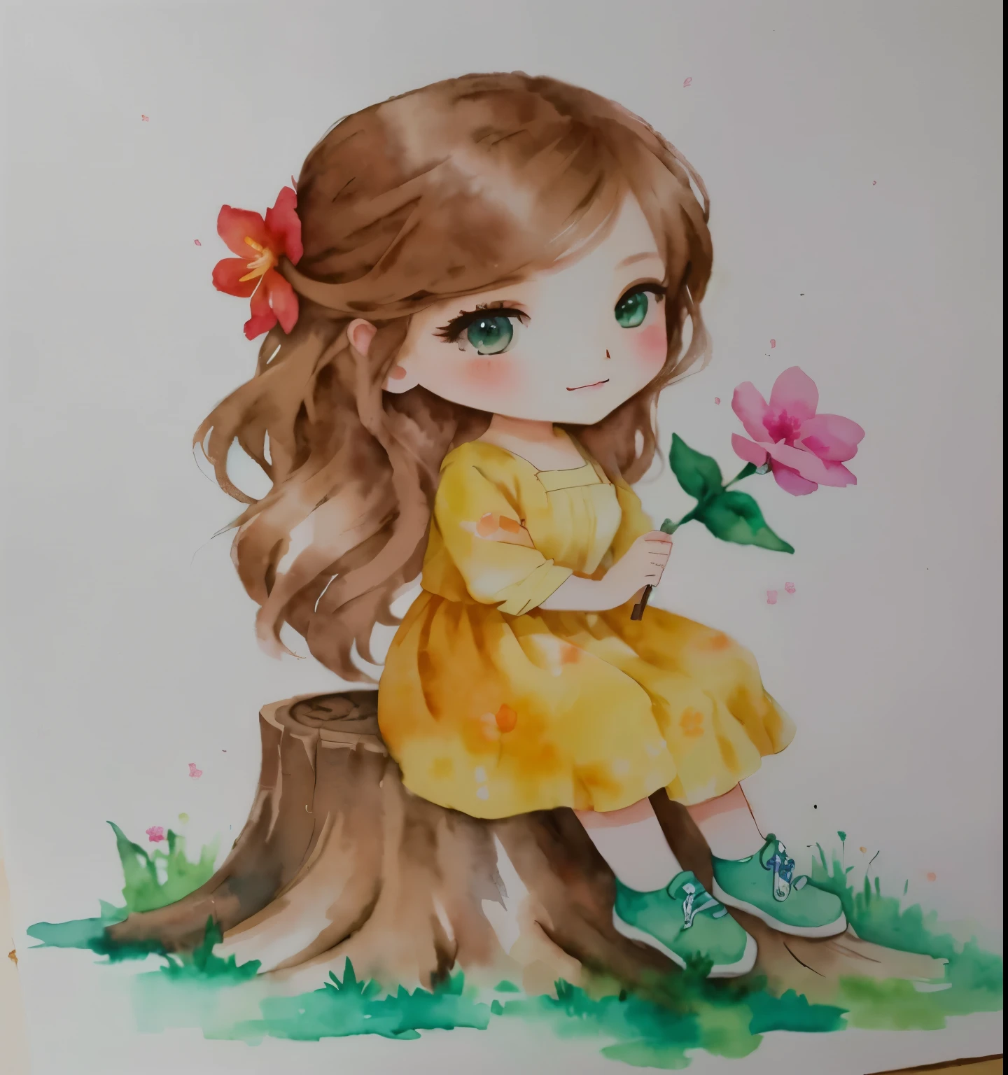 painting of one with a flower sitting on a tree stump, cute art style, realistic painting of beautiful girl, cute drawing, watercolor colored painting, chibi girl, cute portrait, portrait of a beautiful girl, Watercolor painting, beautiful drawing style, watercolor drawing, chibi art, traditional art, cute digital art, cute cartoon character, water color on paper, beautiful painting