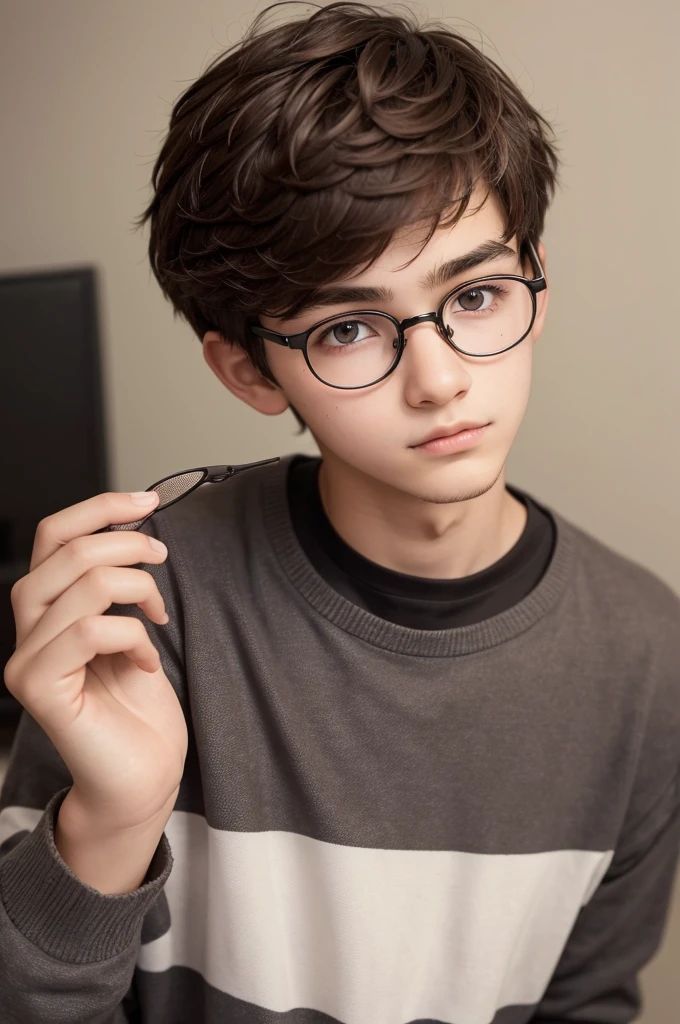 A  boy wearing round glasses,with dark brown hair and a small goatee that doesn&#39;t connect with the mustache, thin moustache , look attractive and cute ,black t-shirt without print, look naughty too, smartest cute guy 