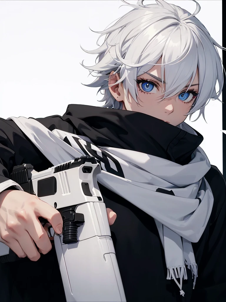 Boy with white hair;
shorth hair;
Messy hair;
eye white;
Some gun sight marks on the pupils;
wear black pants;
black jersey;
A white sweater;
A white scarf;
Snow white pupils The sniper is also white in color There&#39;s a white sniper on the back;


He is lying on the ground aiming with the sniper Right hands Symmetry Best quality No errors 

Sniper na mão 


((Faça ele segurar uma sniper branca simétrica sem erros e a mão segurando corretamente))


((Arma um pouco maior que o corpo))