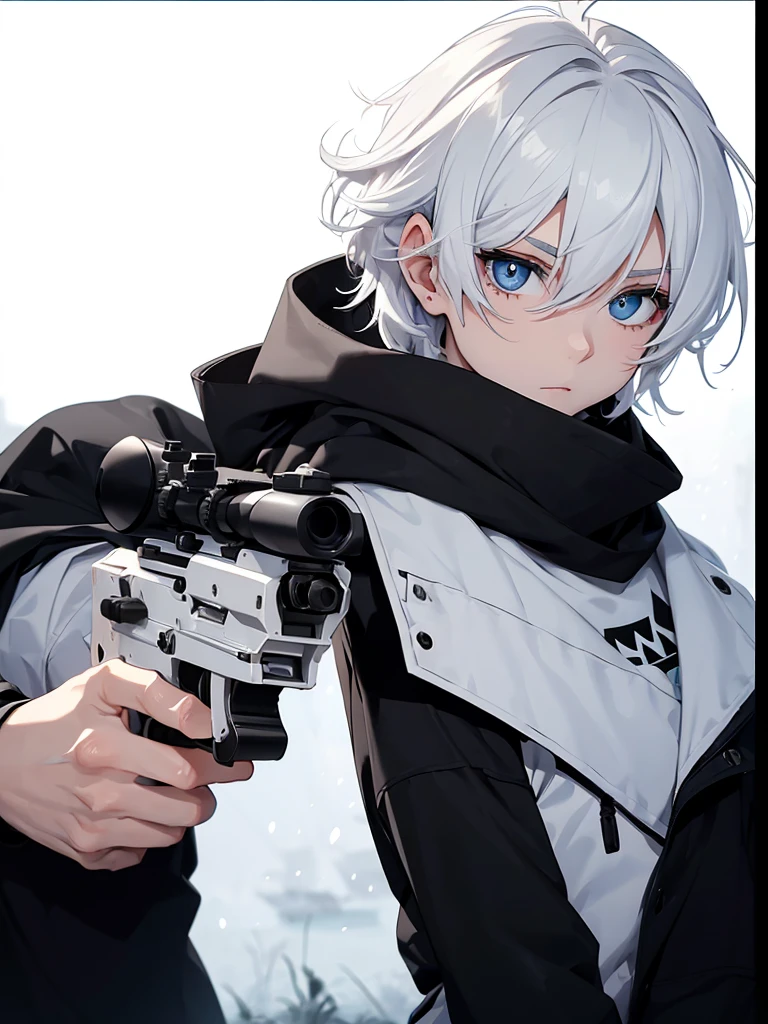 Boy with white hair;
shorth hair;
Messy hair;
eye white;
Some gun sight marks on the pupils;
wear black pants;
black jersey;
A white sweater;
A white scarf;
Snow white pupils The sniper is also white in color There&#39;s a white sniper on the back;


He is lying on the ground aiming with the sniper Right hands Symmetry Best quality No errors 

Sniper na mão 


((Faça ele segurar uma sniper branca simétrica sem erros e a mão segurando corretamente))


((Arma um pouco maior que o corpo))