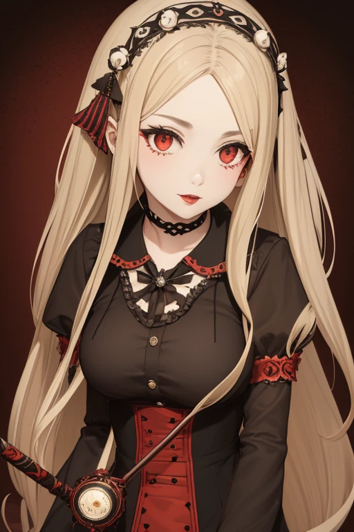 Emma Roberts 20s Vampire long curly blonde hair pointed ears red eyes Gothic priestess clothing black vintage decorations Steampunk holding a staff with a sphere of blood