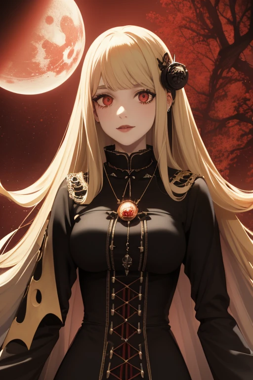 Emma Roberts 20s Vampire long curly blonde hair pointed ears red eyes Gothic priestess clothing black vintage decorations Steampunk holding a staff with a sphere of blood