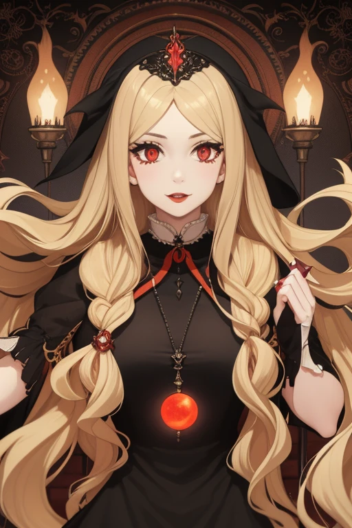 Emma Roberts 20s Vampire long curly blonde hair pointed ears red eyes Gothic priestess clothing black vintage decorations Steampunk holding a staff with a sphere of blood