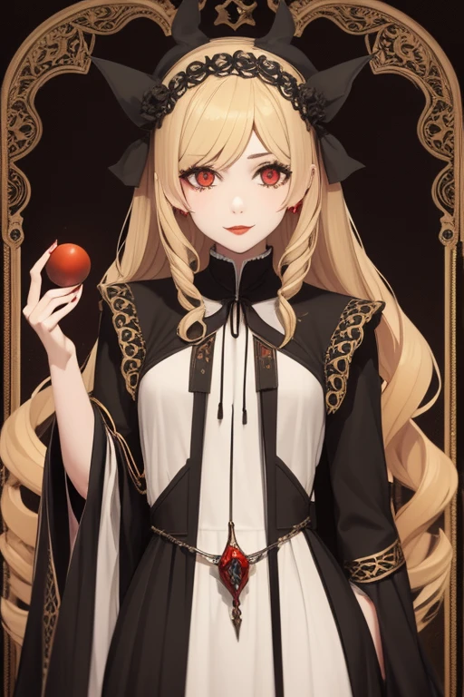 Emma Roberts 20s Vampire long curly blonde hair pointed ears red eyes Gothic priestess clothing black vintage decorations Steampunk holding a staff with a sphere of blood