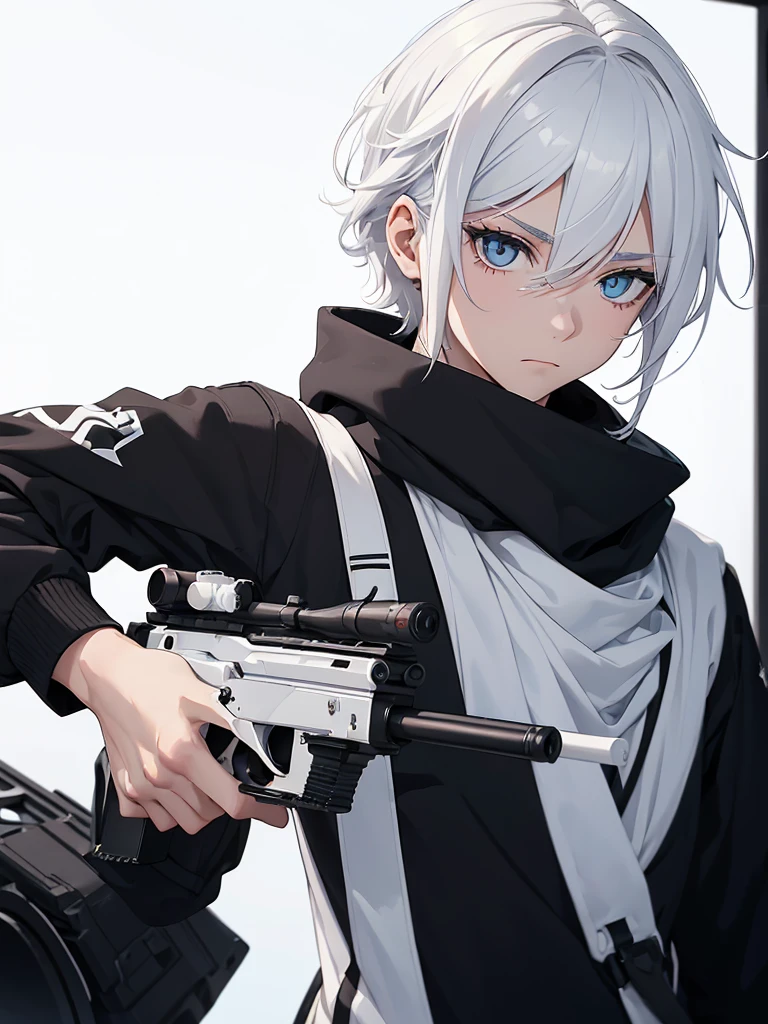 Boy with white hair;
shorth hair;
Messy hair;
eye white;
Some gun sight marks on the pupils;
wear black pants;
black jersey;
A white sweater;
A white scarf;
Snow white pupils The sniper is also white in color There's a white sniper on the back;
He is lying on the ground aiming with the sniper Right hands Symmetry Best quality No errors
Sniper na mão
((Faça ele segurar uma sniper branca simétrica sem erros e a mão segurando corretamente))
((Arma um pouco maior que o corpo))
