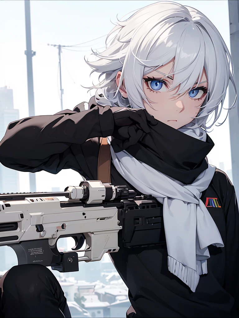 Boy with white hair;
shorth hair;
Messy hair;
eye white;
Some gun sight marks on the pupils;
wear black pants;
black jersey;
A white sweater;
A white scarf;
Snow white pupils The sniper is also white in color There's a white sniper on the back;
He is lying on the ground aiming with the sniper Right hands Symmetry Best quality No errors
Sniper na mão
((Faça ele segurar uma sniper branca simétrica sem erros e a mão segurando corretamente))
((Arma um pouco maior que o corpo))