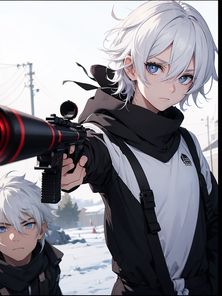 Boy with white hair;
shorth hair;
Messy hair;
eye white;
Some gun sight marks on the pupils;
wear black pants;
black jersey;
A white sweater;
A white scarf;
Snow white pupils The sniper is also white in color There's a white sniper on the back;
He is lying on the ground aiming with the sniper Right hands Symmetry Best quality No errors
Sniper na mão
((Faça ele segurar uma sniper branca simétrica sem erros e a mão segurando corretamente))
((Arma um pouco maior que o corpo))