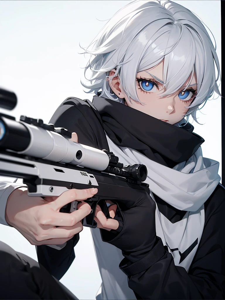 Boy with white hair;
shorth hair;
Messy hair;
eye white;
Some gun sight marks on the pupils;
wear black pants;
black jersey;
A white sweater;
A white scarf;
Snow white pupils The sniper is also white in color There's a white sniper on the back;
He is lying on the ground aiming with the sniper Right hands Symmetry Best quality No errors
Sniper na mão
((Faça ele segurar uma sniper branca simétrica sem erros e a mão segurando corretamente))
((Arma um pouco maior que o corpo))