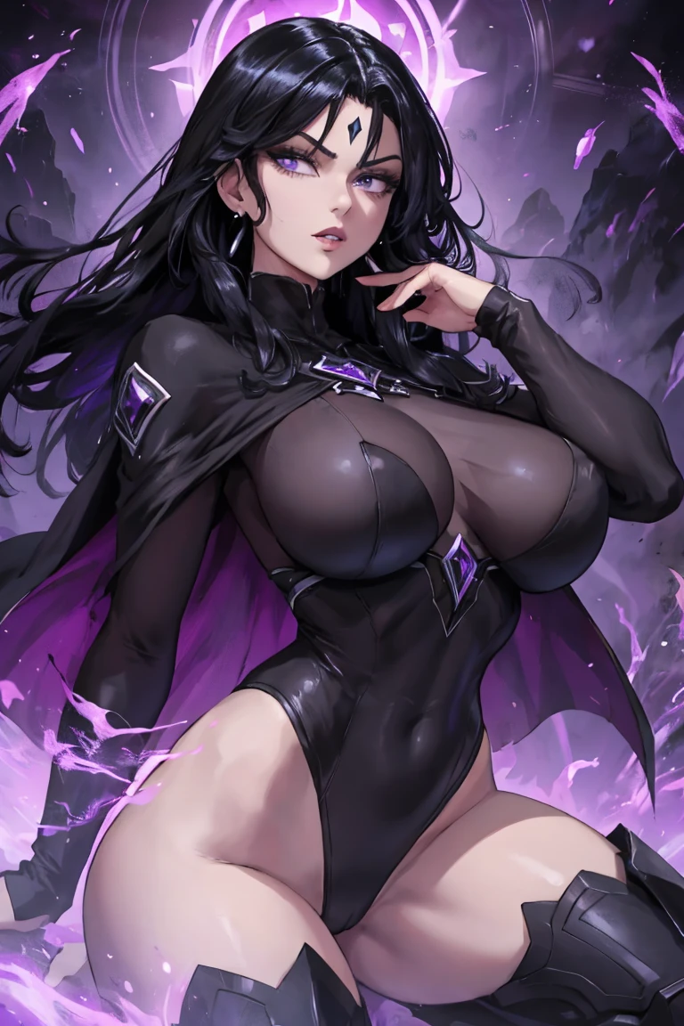 A beautiful woman, large breasts, black clothing, black clothing covering the body, tight clothing, long blue hair, a majestic black cape with a purple background, psychic powers, evil eyes. Shiny Lips, Black eyes