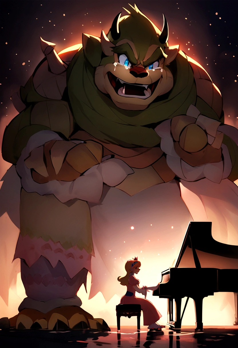 Create Me An Amazing Painting Of King Bowser happily Singing To The Love Of His Life Princess Peach and crying tears of joy, while he stands near a piano as she gazes into his beautiful crying eyes. His eyes are FULL OF TEARS, emphasizing the intensity of his happy song. Tears stream down his face, glistening in the faint light and pooling at his feet, indicating just how deeply affected he is.