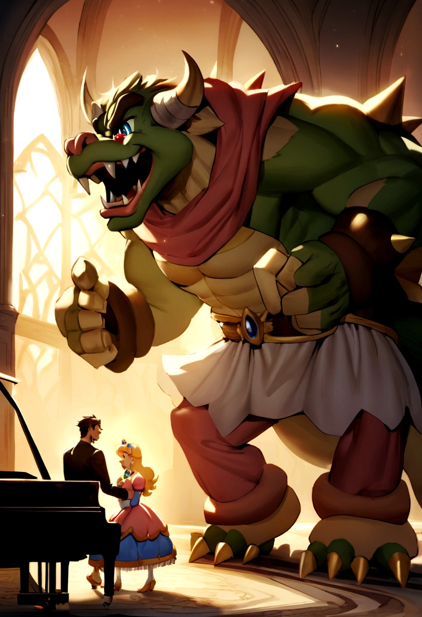 Create Me An Amazing Painting Of King Bowser In a dimly lit room which he Is in an uncharacteristically vulnerable moment. He stands at the center of the scene, singing passionately into a PICTURE OF PRINCESS PEACH on a PIANO. His eyes are FULL OF TEARS, emphasizing the intensity of his sorrowful song. Tears stream down his face, glistening in the faint light and pooling at his feet, indicating just how deeply affected he is.