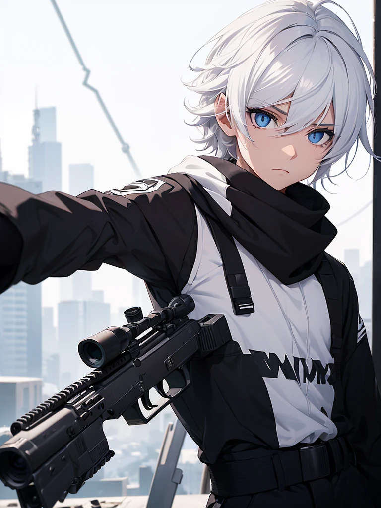 Boy with white hair;
shorth hair;
Messy hair;
eye white;
Some gun sight marks on the pupils;
wear black pants;
black jersey;
A white sweater;
A white scarf;
Snow white pupils The sniper is also white in color There's a white sniper on the back;
He is lying on the ground aiming with the sniper Right hands Symmetry Best quality No errors
Sniper na mão
((Faça ele segurar uma sniper branca simétrica sem erros e a mão segurando corretamente))
((Arma um pouco maior que o corpo))