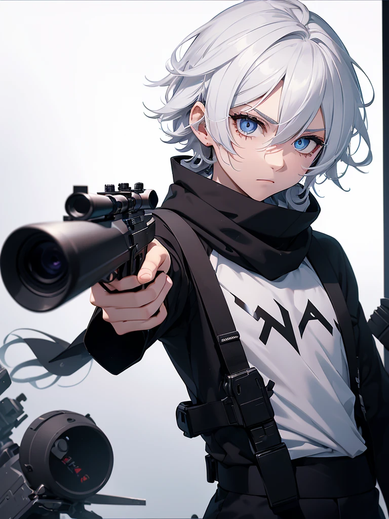 Boy with white hair;
shorth hair;
Messy hair;
eye white;
Some gun sight marks on the pupils;
wear black pants;
black jersey;
A white sweater;
A white scarf;
Snow white pupils The sniper is also white in color There's a white sniper on the back;
He is lying on the ground aiming with the sniper Right hands Symmetry Best quality No errors
Sniper na mão
((Faça ele segurar uma sniper branca simétrica sem erros e a mão segurando corretamente))
((Arma um pouco maior que o corpo))