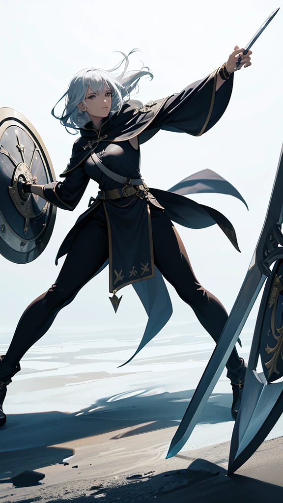 Combat Stance, Cape,(Holding a sword:1.4),(Hold a shield:1.35), Dynamic Angle, Dynamic posture, Strong women, tall, Full body side view, View Viewer, Female Swordsman, Pure white background