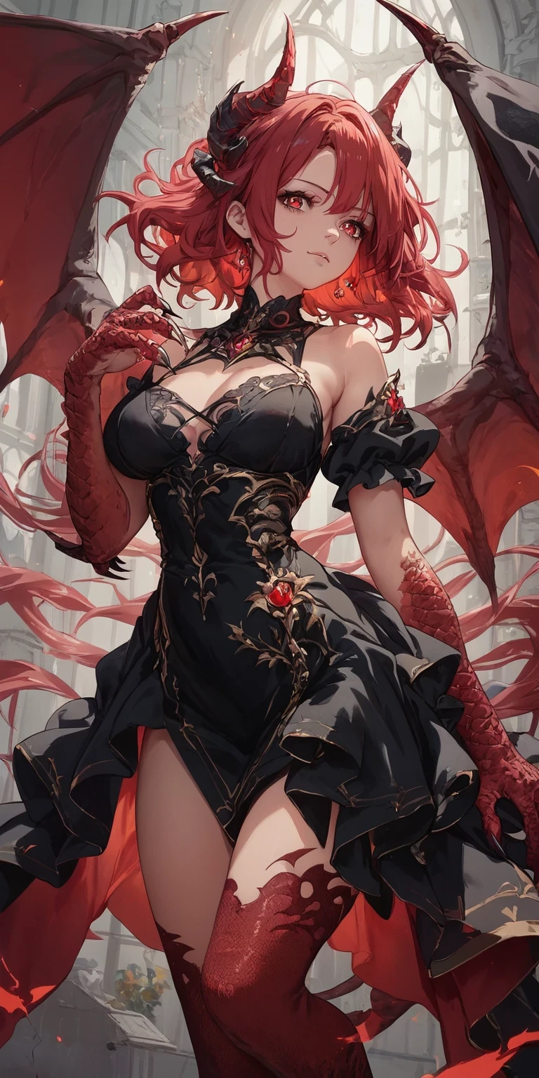 (score_9,score_8_up,score_7_up),1girl,girl demon,red hair,red eyes,wings,claws,black dress,beautiful_face,