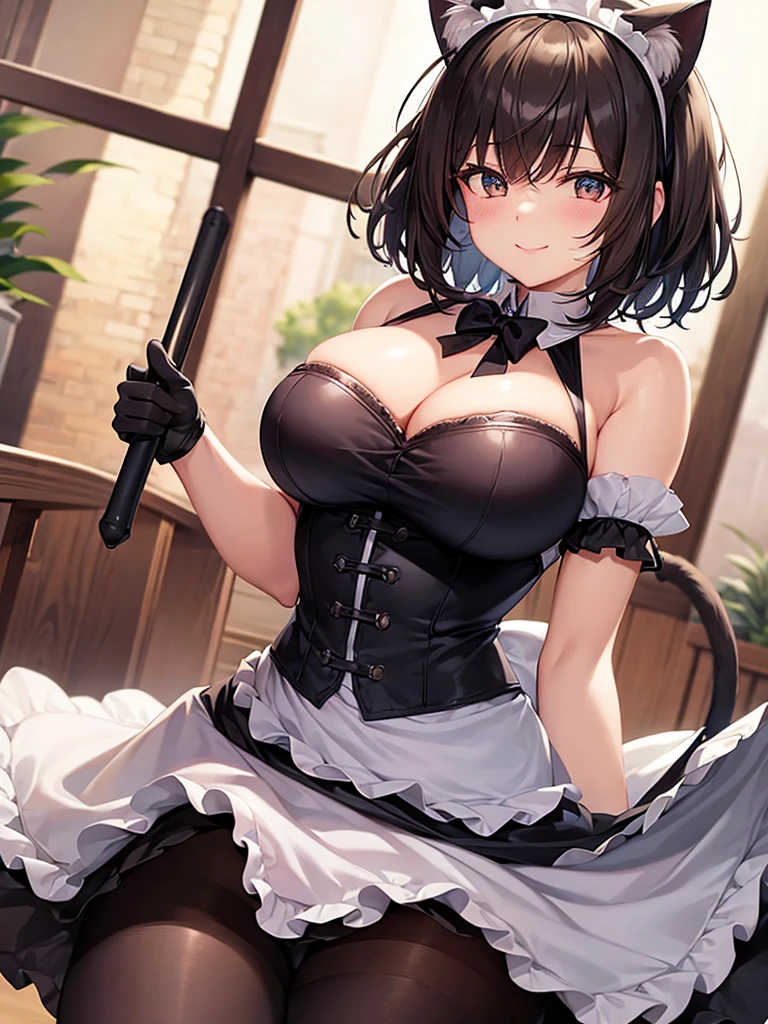 woman,Bob Hair,smile,Large Breasts,Maid clothes,Short sleeve,I can see the valley.Cute black gloves,Cat ears headband,Wear tights,Dark brown hair,Large Breasts,maid Cafe