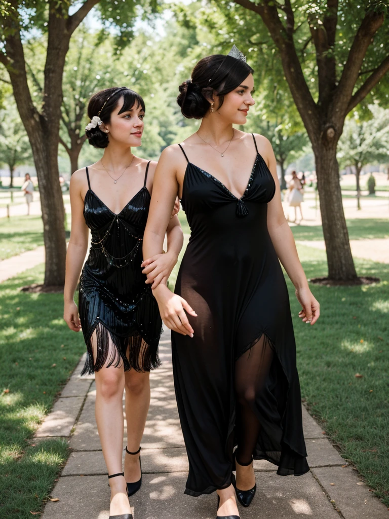 generated a 21 years old young white woman with dark brown hair, upsidedown french twist hairstyle, medium size chest, she is 5feet 5 height, she wear a 1920 black tassel sequione flapper dress, adorned with sequins-themed event on Governors Island, she walk with a friend around where attendees are dress in period attire and enjoy live jazz music, dancing, chapiteaux in the background