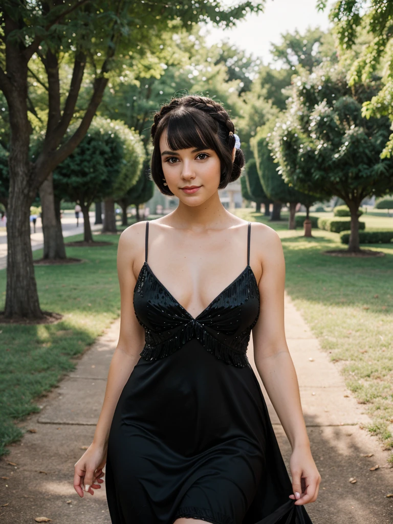 generated a 21 years old young white woman with dark brown hair, upsidedown french twist hairstyle, medium size chest, she is 5feet 5 height, she wear a 1920 black tassel sequione flapper dress, adorned with sequins-themed event on Governors Island, she walk with a friend around where attendees are dress in period attire and enjoy live jazz music, dancing, chapiteaux in the background