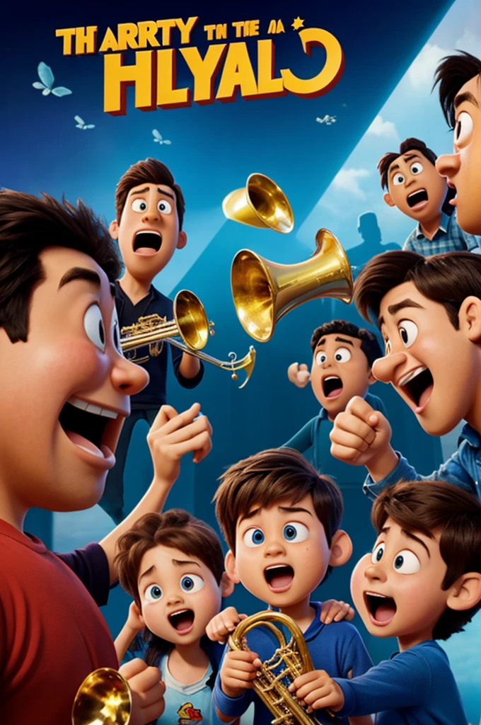 Pixar-style poster, where a boy is shown playing the trumpet and his friends around him are angry and covering their ears