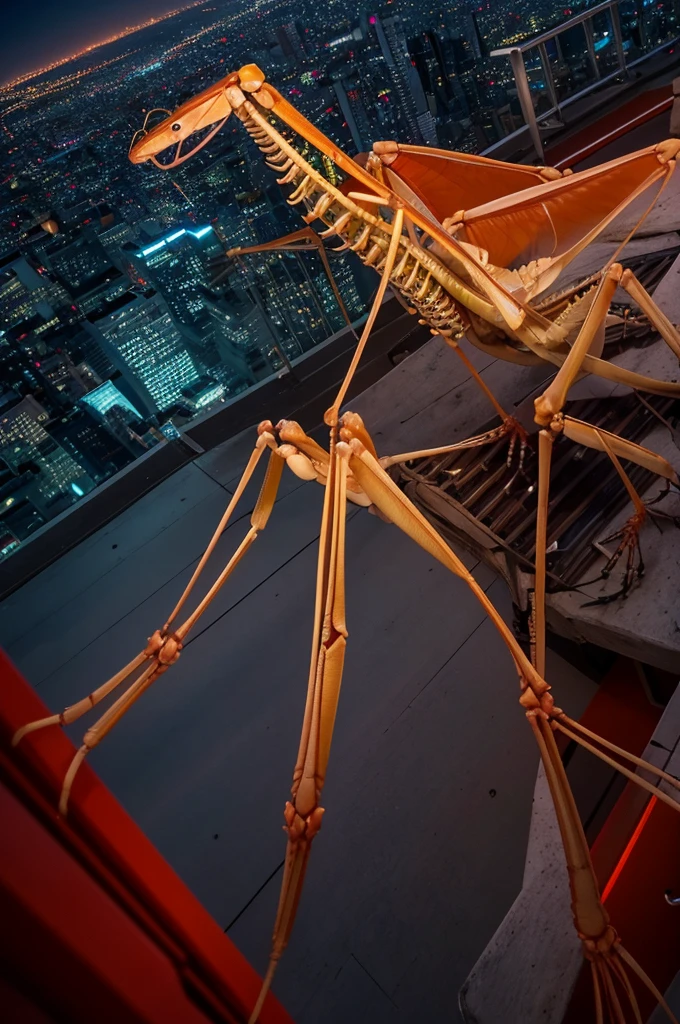 prompt: A rooftop of a skyscraper at night. A giant praying mantis with a skeletal exoskeleton, "Skeleton Mantis (Gaikotsu Kamakiri)", perched on the edge, its glowing red eyes fixed on the city below. High resolution, 9:16 aspect ratio, menacing and predatory atmosphere.