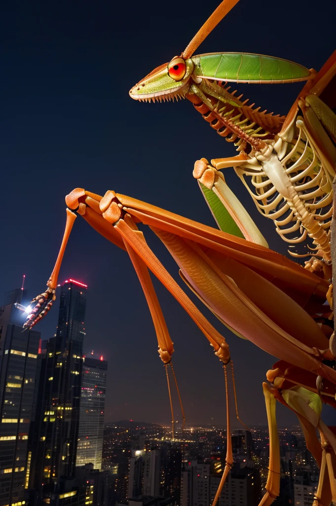 prompt: A rooftop of a skyscraper at night. A giant praying mantis with a skeletal exoskeleton, "Skeleton Mantis (Gaikotsu Kamakiri)", perched on the edge, its glowing red eyes fixed on the city below. High resolution, 9:16 aspect ratio, menacing and predatory atmosphere.