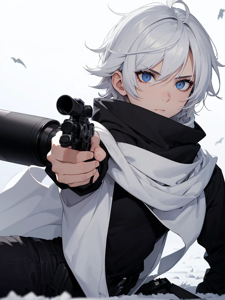 Boy with white hair;
shorth hair;
Messy hair;
eye white;
Some gun sight marks on the pupils;
wear black pants;
black jersey;
A white sweater;
A white scarf;
Snow white pupils The sniper is also white in color There&#39;s a white sniper on the back;


He is lying on the ground aiming with the sniper Right hands Symmetry Best quality No errors 

Sniper na mão 


((Faça ele segurar uma sniper branca simétrica sem erros e a mão segurando corretamente))


((Arma um pouco maior que o corpo))