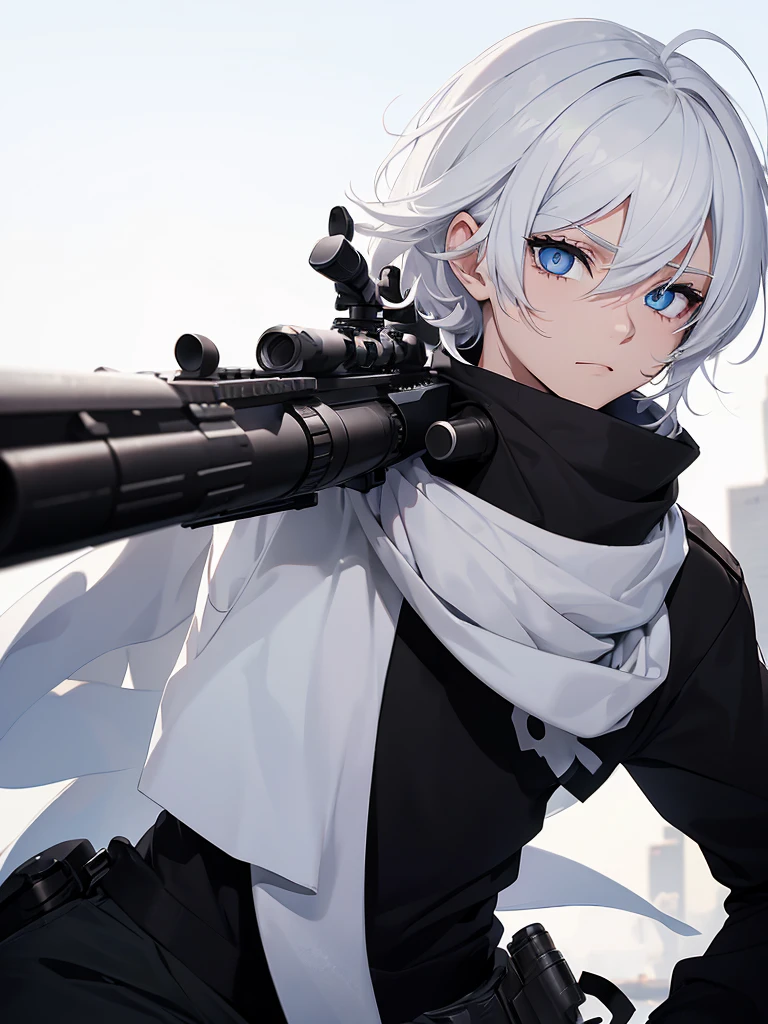 Boy with white hair;
shorth hair;
Messy hair;
eye white;
Some gun sight marks on the pupils;
wear black pants;
black jersey;
A white sweater;
A white scarf;
Snow white pupils The sniper is also white in color There's a white sniper on the back;
He is lying on the ground aiming with the sniper Right hands Symmetry Best quality No errors
Sniper na mão
((Faça ele segurar uma sniper branca simétrica sem erros e a mão segurando corretamente))
((Arma um pouco maior que o corpo))
