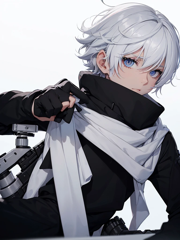 Boy with white hair;
shorth hair;
Messy hair;
eye white;
Some gun sight marks on the pupils;
wear black pants;
black jersey;
A white sweater;
A white scarf;
Snow white pupils The sniper is also white in color There&#39;s a white sniper on the back;


He is lying on the ground aiming with the sniper Right hands Symmetry Best quality No errors 

Sniper na mão 


((Faça ele segurar uma sniper branca simétrica sem erros e a mão segurando corretamente))


((Arma um pouco maior que o corpo))