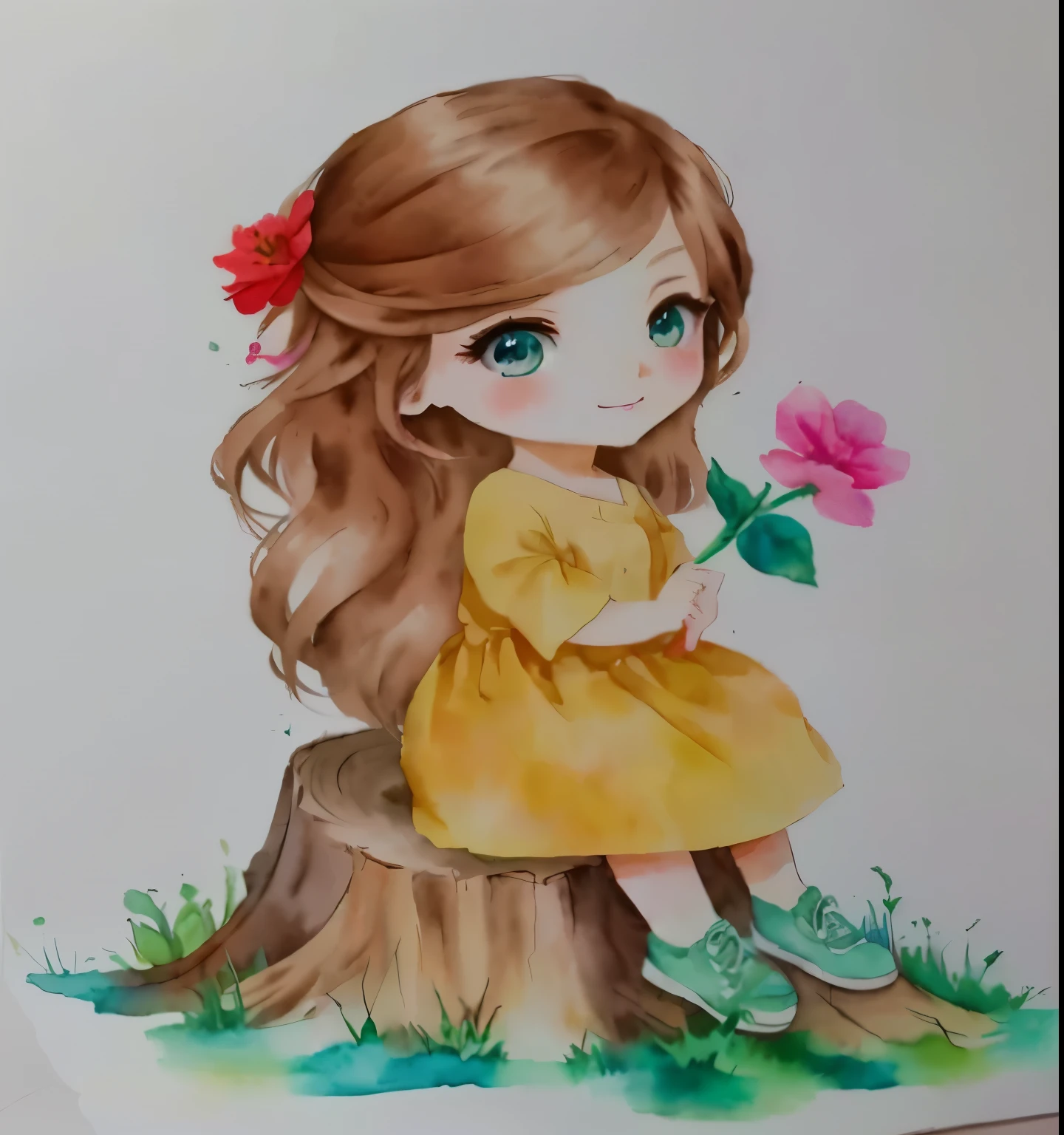 painting of one with a flower sitting on a tree stump, cute art style, realistic painting of beautiful girl, cute drawing, watercolor colored painting, chibi girl, cute portrait, portrait of a beautiful girl, Watercolor painting, beautiful drawing style, watercolor drawing, chibi art, traditional art, cute digital art, cute cartoon character, water color on paper, beautiful painting