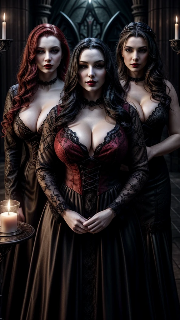 2 beautiful female vampires, 2women, vampire queens, woman vampires, big breasts, curvy body, one of them has black hair, one has ginger hair, extremely pale skin, red lipstick, cleavage, intricate details, nighttime, candlelight, gothic castle, gothic dark red dress, delicate lace fabric, revealing long dress, seductive eyes, masterpiece, 8k uhd, blood, fantasy style, mysterious, blood lust 