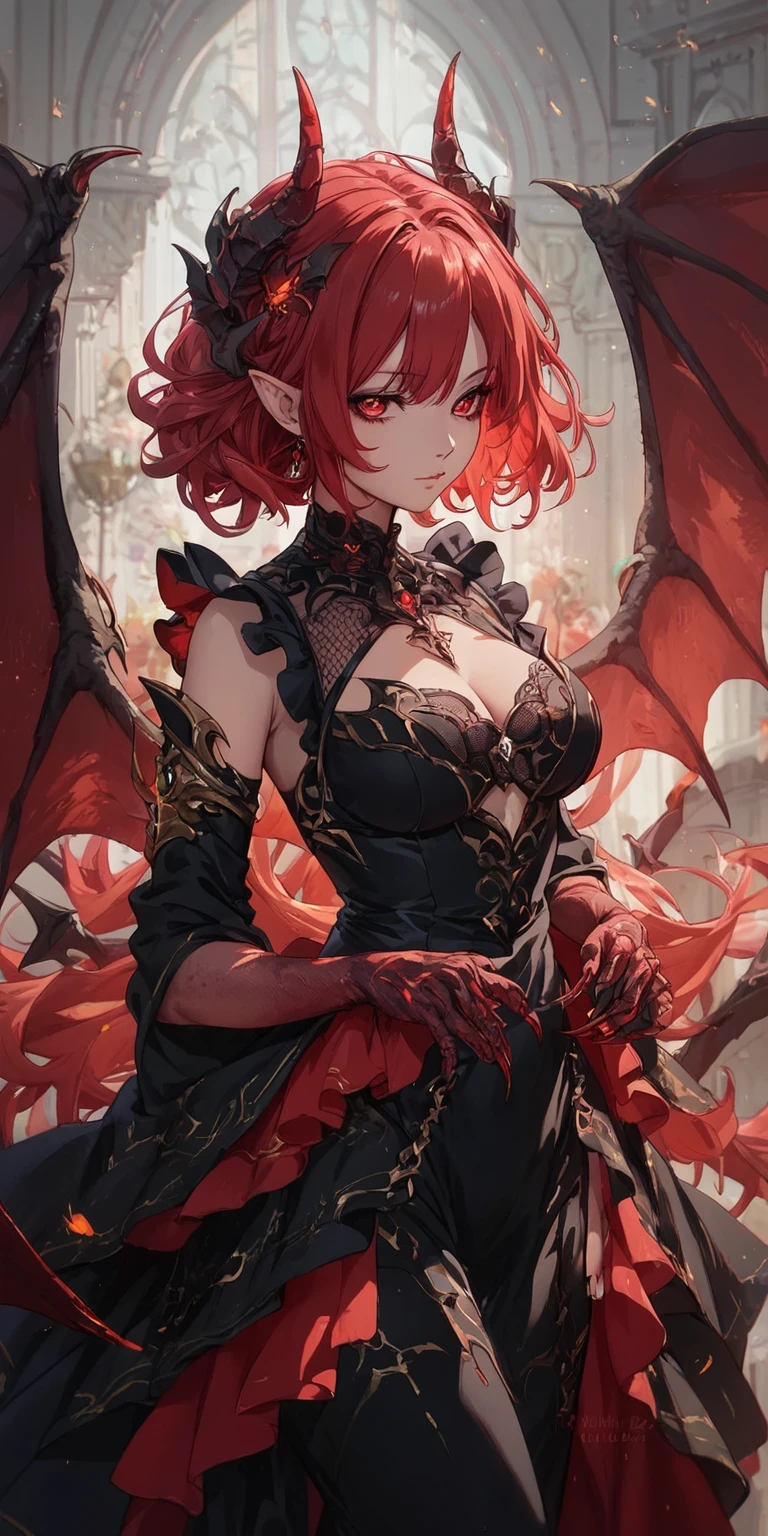 (score_9,score_8_up,score_7_up),1girl,girl demon,red hair,red eyes,wings,claws,black dress,beautiful_face,