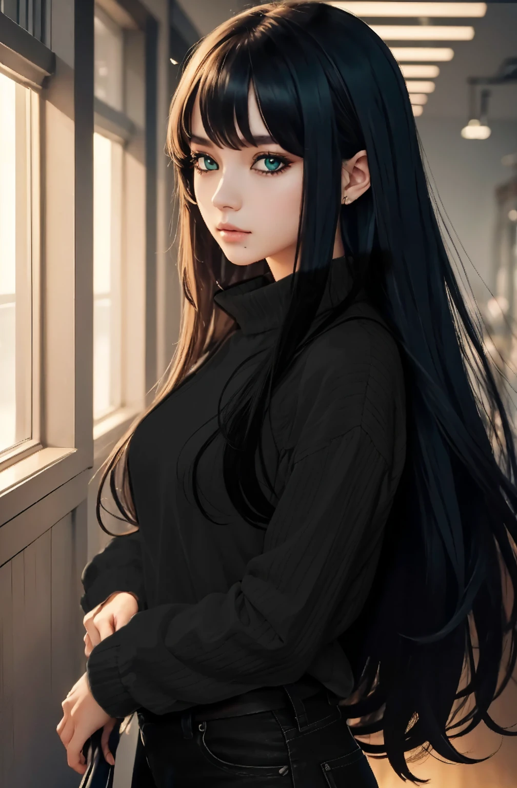 work of art、maximum quality、high resolution、high-quality images、8K,Very green beautiful eyes, black eyeliner around the eyes, clothes with good texture, good quality clothes